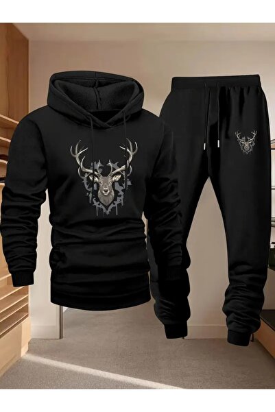 Massgai Unisex Deer Geyik Printed Hooded Oversized Bottom-Top Set Jogger Cotton Tracksuit Set