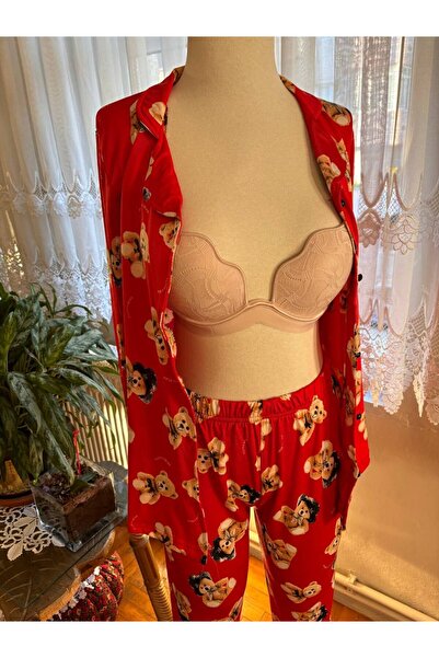 inspira lingerie Women's Teddy Bear Patterned Buttoned Collar Pajama Set