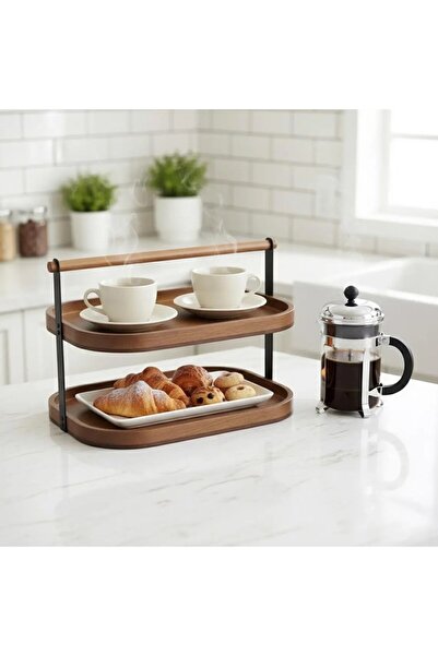 Qerhome 2-Tier Acacia Stand / Presentation Stand / Multi-Purpose Organizer – Natural Wood Two-Tier Serving