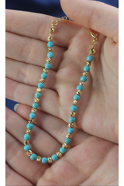 Novara Takı Altın Rengi Dorika Boncuklu ve Turkuaz Taşlı Ayarlanabilir Kadın Halhal