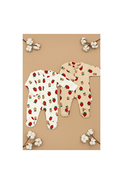 almini New Season 2 Piece Strawberry Patterned Baby Girl Romper with Booties