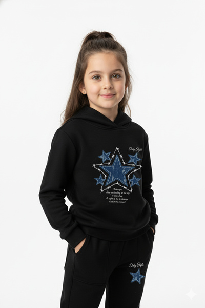 Let's Wear Yıldız Printed Premium Children's Hooded Premium Compact Sweatshirt Tracksuit Set with Pockets and Drawstrings