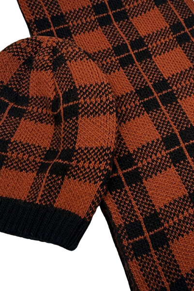 Sofist İstanbul Copper & Black Plaid Knitted Unisex Scarf & Beanie Set Long Soft Checkered Scarf and Beanie Set
