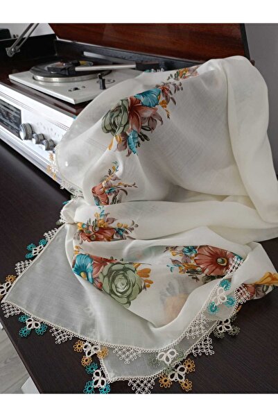 İyisini İstersen Handmade Edge Single Shawl and Needle Embroidery Cream Color Writing Shawl