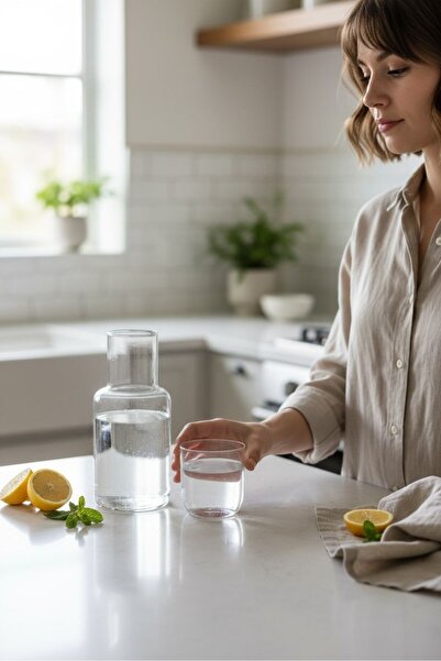 kitchenboost başucu bardaklı sürahi - cam başucu sürahisi 1200 ml.