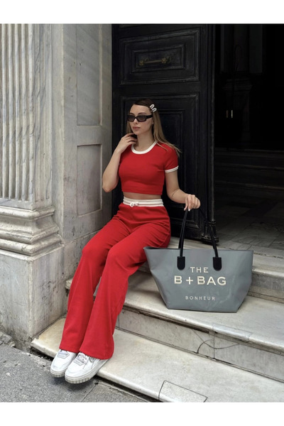 ZENGEZUR MALL Lvsqvr Crop Pants Piped Set Red (233034) (Size: S)