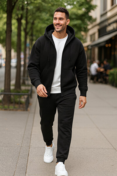 tetramoda Three Thread Compact Hooded Cotton Inside Cardigan and Sweatpants 2-Piece Set