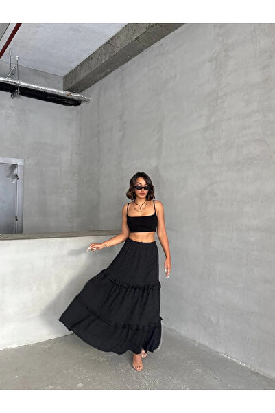 ZENGEZUR MALL Lvsqvr Ruffled Brocade Lined Long Skirt Black S255047 (231204) (Size: S)