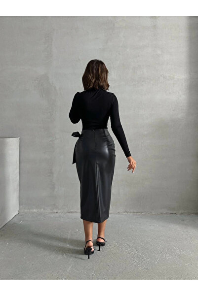 ZENGEZUR MALL Lvsqvr Belted Long Leather Skirt Black H26414 (225825) (Size: m)