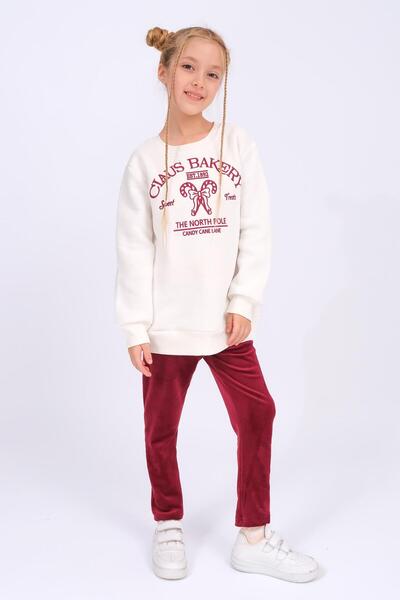 Perendi Girl's Winter Set with Embroidery Detail Sweatshirt and Velvet Leggings with Fleece Lining