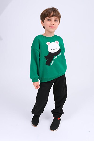Perendi Boy's Teddy Bear Applique Sweatshirt and Sweatpants Winter Set with Fleece Lining – Green