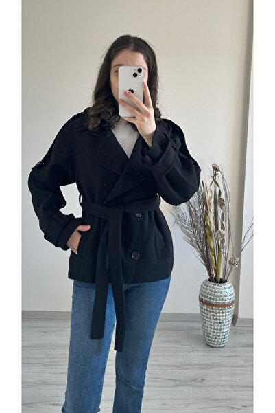 Aspendia Kadın Siyah Kaşe Kemerli Kısa Kaban