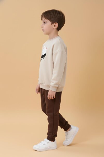 Perendi Boy's Teddy Bear Applique Sweatshirt and Sweatpants Winter Set with Fleece Lining – Stone
