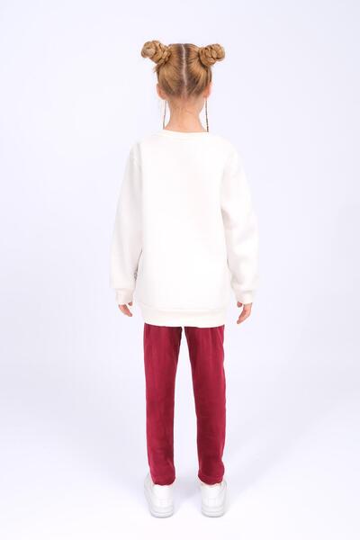 Perendi Girl's Winter Set with Embroidery Detail Sweatshirt and Velvet Leggings with Fleece Lining