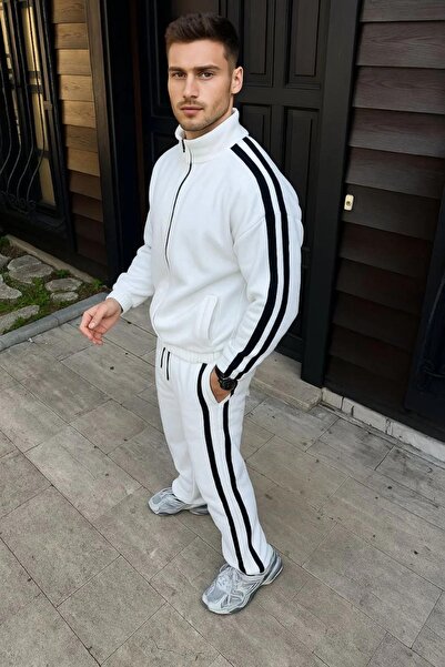 EUTHENİA Men's Double Stripe Tracksuit Set Mock Neck Zippered Sweatshirt