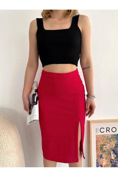 ZENGEZUR MALL Lvsqvr Slit Stretchy Fabric Midi Length Skirt Dark Red (233019) (Size: S)