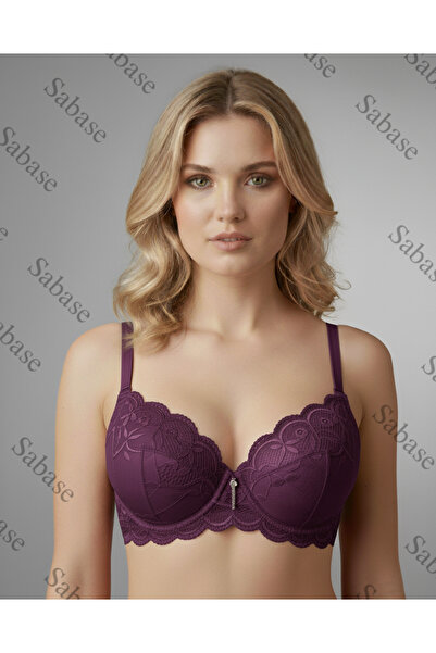 Sabase Belvü Lace Double Padded Supported Underwire Ear-Shaped Fully Padded Laced Luxury Bra (Purple)
