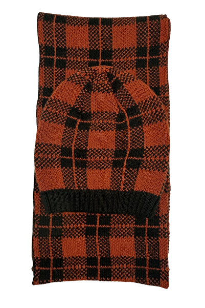 Sofist İstanbul Copper & Black Plaid Knitted Unisex Scarf & Beanie Set Long Soft Checkered Scarf and Beanie Set