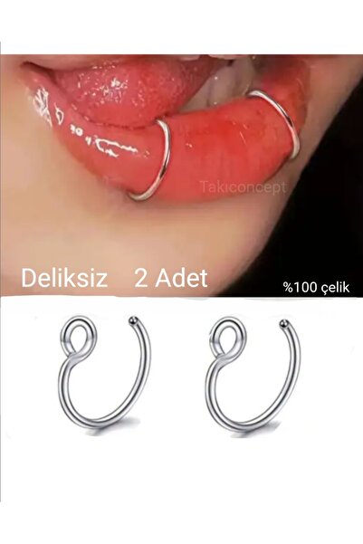 TakıConcept Paslanmaz Çelik Deliksiz Piercing Dudak Piercing Fake Piercing 2 ADET