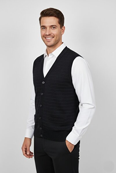 Triko Nehir Men's Buttoned Vest with Pockets Steel Knit Classic Fit Bgl-St04836