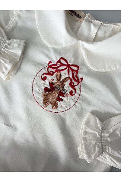 il mio bambino Handmade 100% Cotton Baby Girl Christmas Rabbit Embroidered Shirt - Long Sleeve