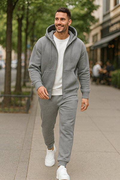 tetramoda Three Thread Compact Hooded Cotton Inside Cardigan and Sweatpants 2-Piece Set