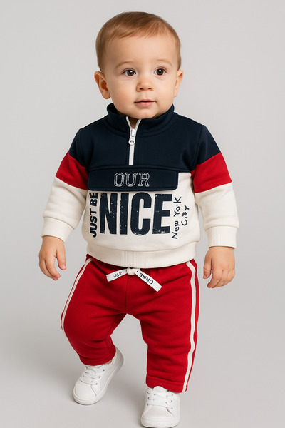 Mika Bebek & Çocuk Baby Boy Navy Blue Red Colored Printed Sweat Set