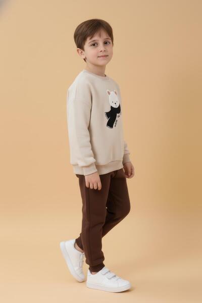 Perendi Boy's Teddy Bear Applique Sweatshirt and Sweatpants Winter Set with Fleece Lining – Stone