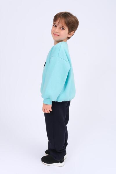 Perendi Boy's Teddy Bear Appliqué Sweatshirt and Sweatpants Winter Set with Fleece Lining – Blue