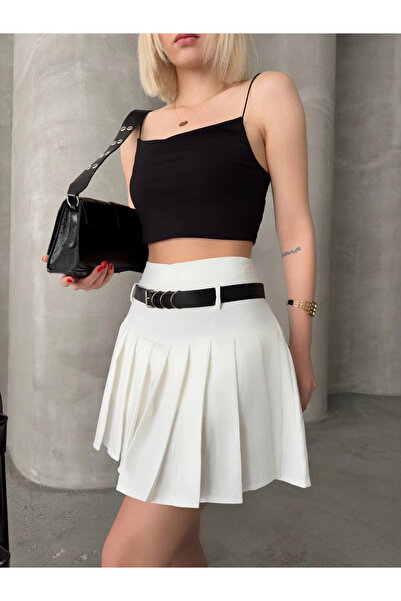 ZENGEZUR MALL Lvsqvr Belted Pleated Shorts Skirt White S25305 (230015) (Size: S)