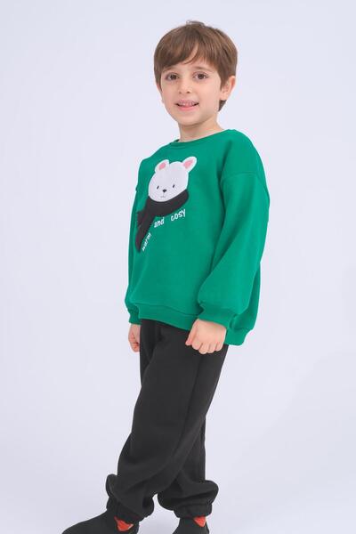 Perendi Boy's Teddy Bear Applique Sweatshirt and Sweatpants Winter Set with Fleece Lining – Green