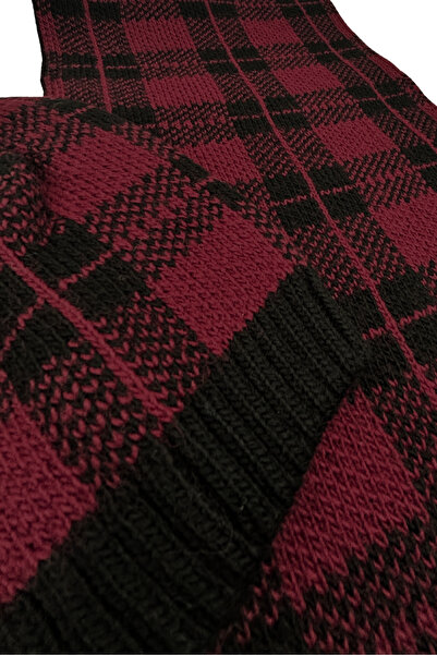 Sofist İstanbul Burgundy & Black Plaid Knitted Unisex Scarf & Beanie Set Long Soft Checkered Scarf and Beanie Set