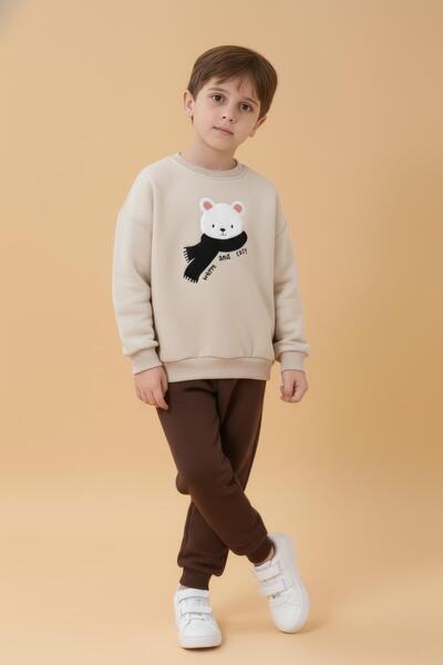 Perendi Boy's Teddy Bear Applique Sweatshirt and Sweatpants Winter Set with Fleece Lining – Stone
