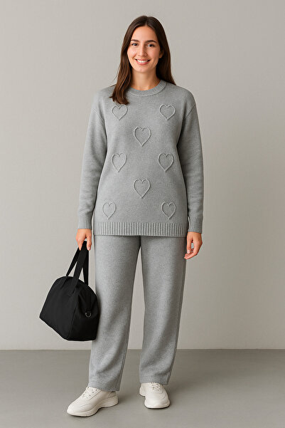 semela New Season Patterned Knitwear Pants Suit with Embossed Heart Pattern