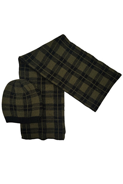 Sofist İstanbul Khaki & Black Plaid Knitted Unisex Scarf & Beanie Set Long Soft Checkered Scarf and Beanie Set