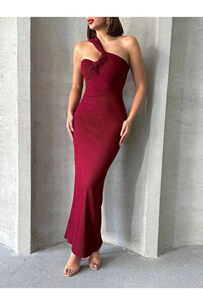 ZENGEZUR MALL Lvsqvr Crinkle One Shoulder Long Dress Burgundy S25455 (230036) (Size: m)