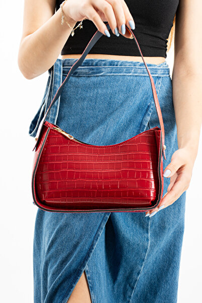 MY VİNTAGE Women's Crocodile Patterned Baguette Bag