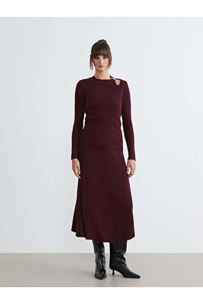 LC Waikiki Burgundy Elastic Flared Knit Skirt
