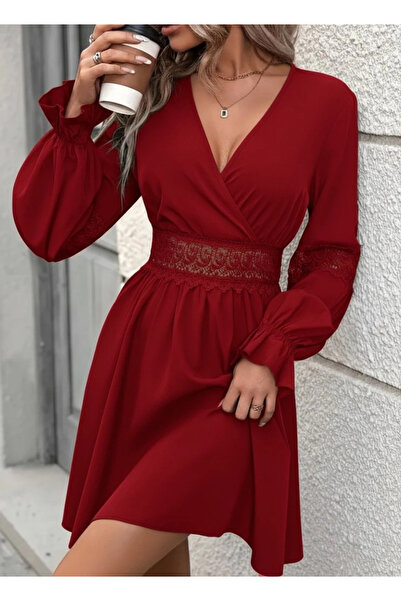 Butik Women's Long Sleeve Double-Breasted Collared Lace Zipper Detailed Mini Imported Crepe Dress