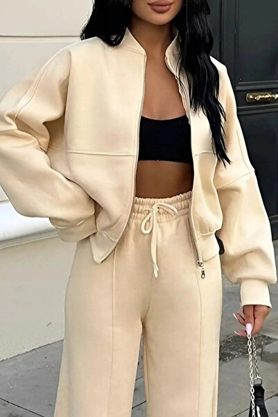 ruNadeS Γυναικείο Σετ Φόρμας Χειμερινό 3 Νήματα Ç με ρέλι Palazzo Bomber Cardigan