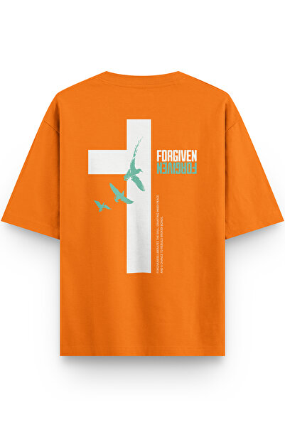 Overoz Forgiven Back Printed Yarı Oversized Orange Tshirt 1411