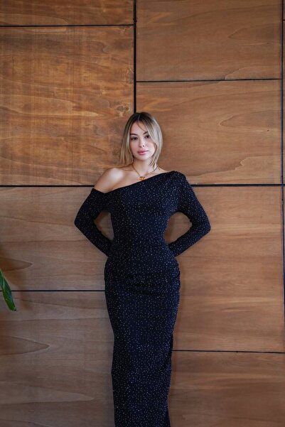 ALVOR One Shoulder Asymmetrical Sleeve Glitter Long Dress