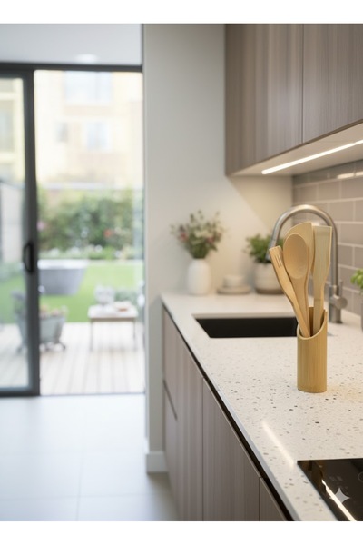 EVONİTA Wooden Spoon Set and Stand – Natural Wood Spatula, Spoon and Brush Ki...