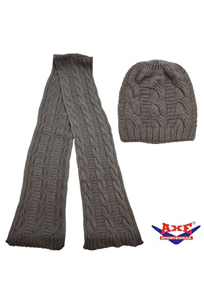 AXE SPORTSWEAR Winter Soft Textured Wool Hair Knitting Pattern Thick Knitwear Tuşe Scarf and Beanie 2-Piece Set