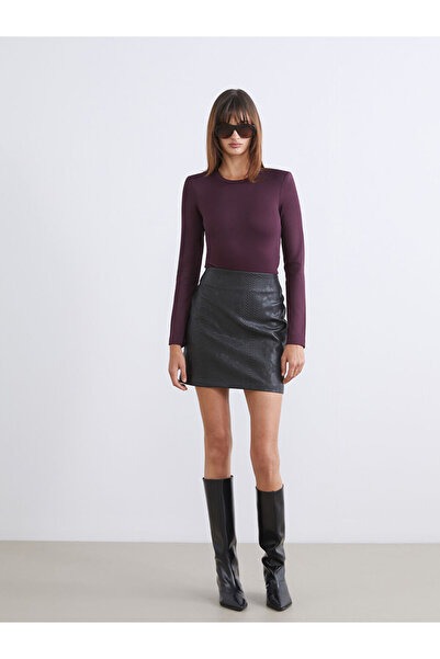 LC Waikiki Black Zippered Waist Leather-Look Mini Skirt