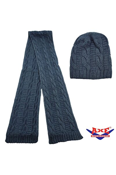 AXE SPORTSWEAR Winter Soft Textured Wool Hair Knitting Pattern Thick Knitwear Tuşe Scarf and Beanie 2-Piece Set