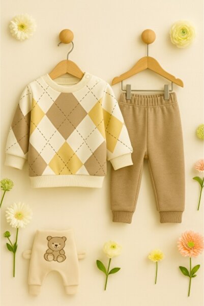 Superbaby Cream yellow beige argyle baby set – Blouse + comfortable pants