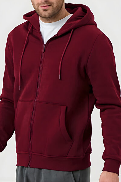 ruNadeS Claret Red Plain Unisex Oversized (3 Threads) Thick Fleece Inside Cardigan