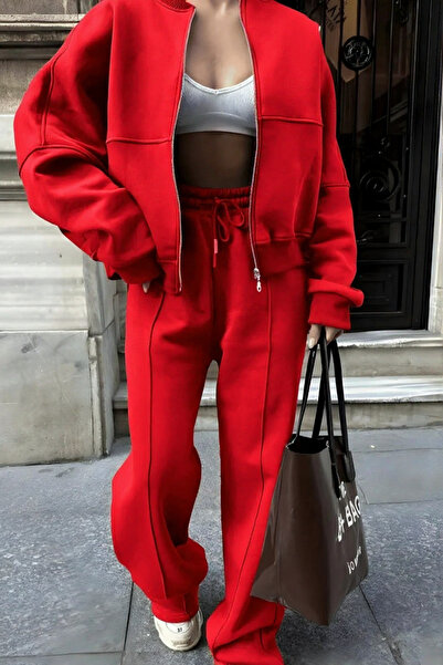 ruNadeS Women's Winter 3 Thread Ç piped Palazzo Bomber Cardigan Tracksuit Set