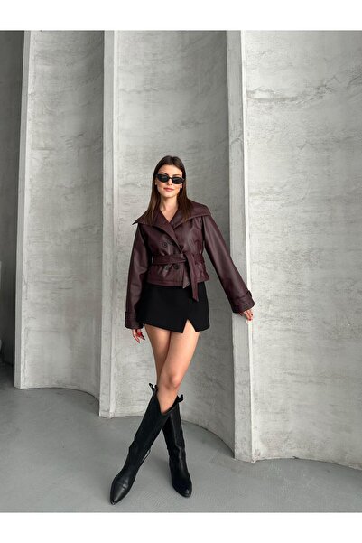 FERZOLAİO Belted Short Burgundy Leather Jacket